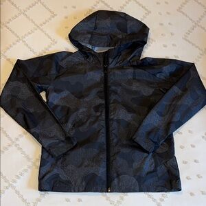 Black and Gray Camouflage Hooded Rain Jacket